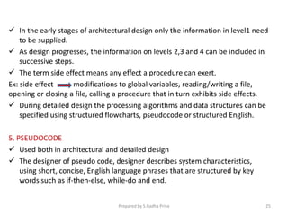  In the early stages of architectural design only the information in level1 need
to be supplied.
 As design progresses, the information on levels 2,3 and 4 can be included in
successive steps.
 The term side effect means any effect a procedure can exert.
Ex: side effect modifications to global variables, reading/writing a file,
opening or closing a file, calling a procedure that in turn exhibits side effects.
 During detailed design the processing algorithms and data structures can be
specified using structured flowcharts, pseudocode or structured English.
5. PSEUDOCODE
 Used both in architectural and detailed design
 The designer of pseudo code, designer describes system characteristics,
using short, concise, English language phrases that are structured by key
words such as if-then-else, while-do and end.
Prepared by S.Radha Priya 25
 