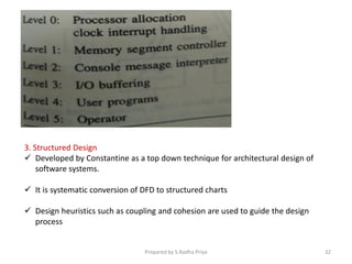 3. Structured Design
 Developed by Constantine as a top down technique for architectural design of
software systems.
 It is systematic conversion of DFD to structured charts
 Design heuristics such as coupling and cohesion are used to guide the design
process
Prepared by S.Radha Priya 32
 