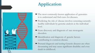 Application
 The most commonly-known application of genomics
is to understand and find cures for diseases.
 Predicting the risk of disease involves screening currently-
healthy individuals by genome analysis at the individual
level.
 Gene discovery and diagnosis of rare monogenic
disorders.
 Identification and diagnosis of genetic factors
contributing to common disease.
 Prenatal diagnosis and testing Genetic diseases are often
devastating and may cause significant disability and even
death in childhood.
 