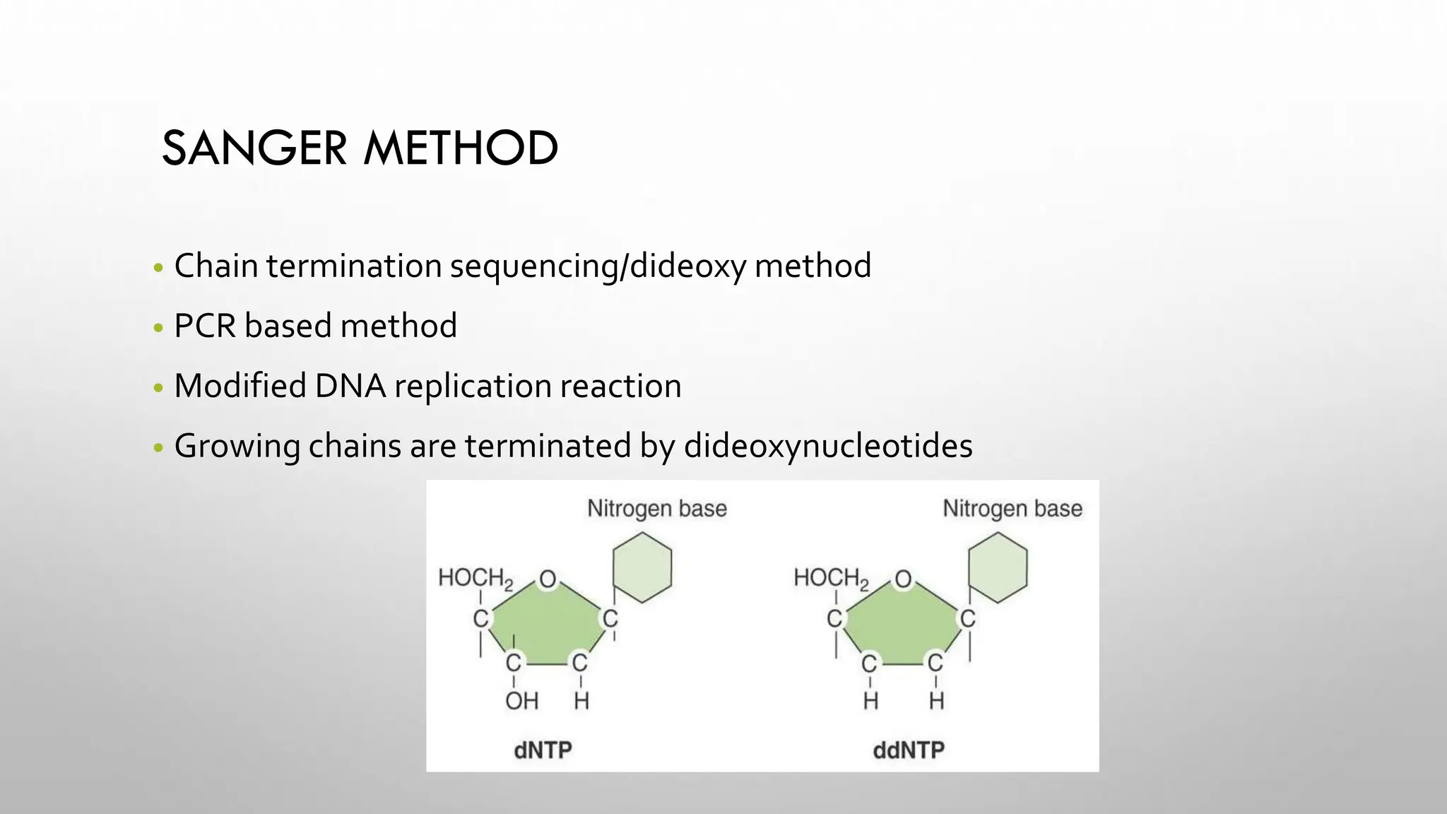 SANGER METHOD
• Chain termination sequencing/dideoxy method
• PCR based method
• Modified DNA replication reaction
• Growing chains are terminated by dideoxynucleotides
 