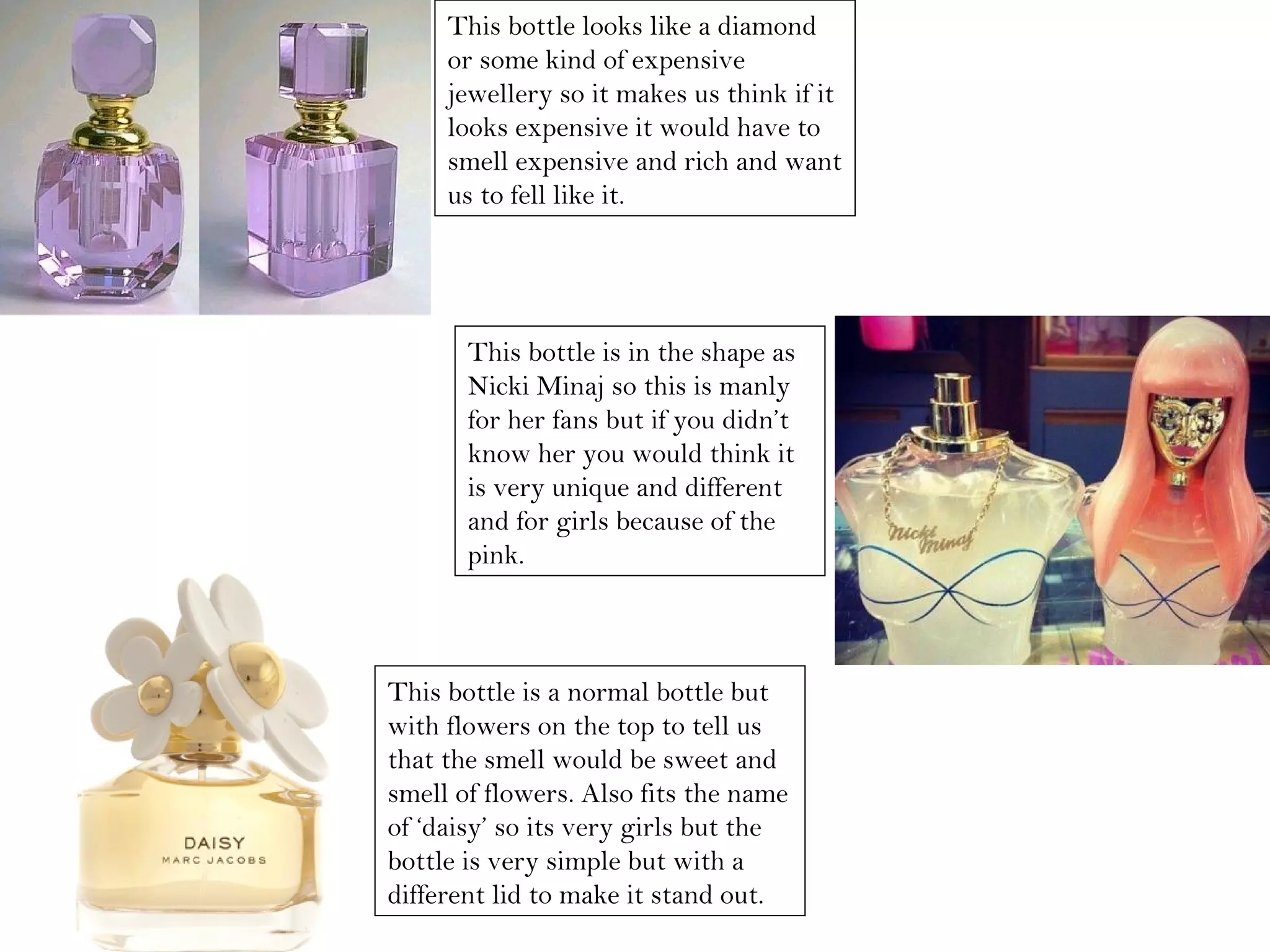 This bottle looks like a diamond
or some kind of expensive
jewellery so it makes us think if it
looks expensive it would have to
smell expensive and rich and want
us to fell like it.
This bottle is in the shape as
Nicki Minaj so this is manly
for her fans but if you didn’t
know her you would think it
is very unique and different
and for girls because of the
pink.
This bottle is a normal bottle but
with flowers on the top to tell us
that the smell would be sweet and
smell of flowers. Also fits the name
of ‘daisy’ so its very girls but the
bottle is very simple but with a
different lid to make it stand out.
 