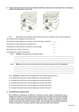 5.   A figura representa dois conjuntos de estratos fossilíferos observados em dois locais (X e Y) situados a
     centenas de quilómetros um do outro.




    5.1.     Relativamente à sequência de estratos do Local X, classifica cada uma das seguintes
afirmações como verdadeira (V) ou falsa (F).
a)O estrato B é mais antigo que o estrato D e mais recente que o estrato A.      _____
b)O estrato C é mais recente que os estratos D e E.                           _____
c)O estrato E é o mais recente e o estrato C é o mais antigo.                    ___
d)O estrato E foi o último a formar-se.                                          ___
e)O estrato A foi o primeiro a formar-se.                                   ___
      5.1.1.    Corrige as afirmações que consideraste falsas.
            ___________________________________________________________________________________
            ___________________________________________________________________________________
            ___________________________________________________________________________________
            ___________________________________________________________________________________
      5.1.2.    Refere o princípio em que te baseaste para responderes à questão anterior. Enuncia-o.
            ___________________________________________________________________________________
            ___________________________________________________________________________________
            ___________________________________________________________________________________
            ___________________________________________________________________________________

     5.2.   Assinala a opção correta, relativamente aos estratos dos locais X e Y.
     a) O estrato B do local X tem a mesma idade que o estrato B do local Y.
     b) O estrato B do local X tem a mesma idade que o estrato A do local Y.
     c) O estrato D do local X tem a mesma idade que o estrato A do local Y.
     d) O estrato D do local X tem a mesma idade que o estrato B do local Y.
     e) O estrato D do local X tem a mesma idade que o estrato D do local Y.

6. Lê atentamente o seguinte texto.

     Nas cordilheiras montanhosas de diferentes continentes existem espécies características que se
     dispõem por camadas. As zonas inferiores das montanhas são constituídas por florestas de folhosas
     e coníferas. É esta a zona de Inverno de animais ungulados como os veados e os alces que, no Verão,
     se deslocam para florestas de altitudes mais elevadas. Os coelhos, as lebres, os esquilos e os porcos-
     espinhos - que servem de alimento a raposas, coiotes e linces, também fazem parte destas florestas.
     A cabra da montanha e a camurça costumam ocupar zonas mais altas das montanhas.
                                                                                                              Página 3 de 5
 