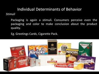 Stimuli
Packaging is again a stimuli. Consumers perceive even the
packaging and color to make conclusion about the product
quality.
Eg. Greetings Cards, Cigarette Pack.
Individual Determinants of Behavior
 