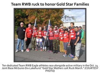 Team RWB ruck to honor Gold Star Families
Ten dedicatedTeam RWB Eagle athletes race alongside active military in the Oct. 24
Joint Base McGuire-Dix-Lakehurst "Gold Star Mothers 10K Ruck March." (COURTESY
PHOTO)
 