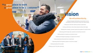 inspire focus motivate guide | 1312 |
• Being an energetic, hard-working, success driven, fun and
exciting place to work that attracts, retains and inspires people.
• Being easy to deal with, meeting customers’ expectations.
• Having a performance culture where everyone achieves their target.
• Working with our people, customers, partners and suppliers for mutual success.
• Delivering growth through sales, acquisitions and retaining customers.
• Winning awards for excellence and customer service.
• Delivering technological advantage to our people and customers.
• Being a performance benchmark and a trusted brand.
• Optimising reward and recognition systems to motivate our people.
• Sharing ownership with our people.
• Playing our part in the wider community.
Chancellor of the Exchequer opens our new office
vision
a great place to work
a great place to be a customer
We will achieve this by...
Recognition
for great service
“
”
12 |
 