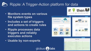 Ripple: A Trigger-Action platform for data
• Monitors events on various
file system types
• Includes a set of triggers
and actions to create rules
• Ripple processes data
triggers and reliably
executes actions
• Usable by non-experts
 