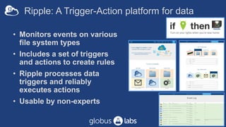 Ripple: A Trigger-Action platform for data
• Monitors events on various
file system types
• Includes a set of triggers
and...
