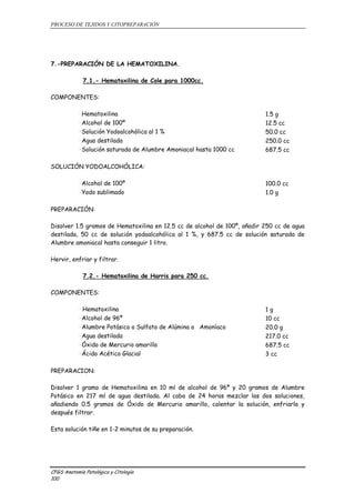 PROCESO DE TEJIDOS Y CITOPREPARACIÓN 
7.-PREPARACIÓN DE LA HEMATOXILINA. 
7.1.- Hematoxilina de Cole para 1000cc. 
COMPONENTES: 
· Hematoxilina 1.5 g 
· Alcohol de 100º 12.5 cc 
· Solución Yodoalcohólica al 1 % 50.0 cc 
· Agua destilada 250.0 cc 
· Solución saturada de Alumbre Amoniacal hasta 1000 cc 687.5 cc 
SOLUCIÓN YODOALCOHÓLICA: 
· Alcohol de 100º 100.0 cc 
· Yodo sublimado 1.0 g 
PREPARACIÓN: 
Disolver 1.5 gramos de Hematoxilina en 12.5 cc de alcohol de 100º, añadir 250 cc de agua 
destilada, 50 cc de solución yodoalcohólica al 1 %, y 687.5 cc de solución saturada de 
Alumbre amoniacal hasta conseguir 1 litro. 
Hervir, enfriar y filtrar. 
7.2.- Hematoxilina de Harris para 250 cc. 
COMPONENTES: 
· Hematoxilina 1 g 
· Alcohol de 96º 10 cc 
· Alumbre Potásico o Sulfato de Alúmina o Amoníaco 20.0 g 
· Agua destilada 217.0 cc 
· Óxido de Mercurio amarillo 687.5 cc 
· Ácido Acético Glacial 3 cc 
PREPARACION: 
Disolver 1 gramo de Hematoxilina en 10 ml de alcohol de 96º y 20 gramos de Alumbre 
Potásico en 217 ml de agua destilada. Al cabo de 24 horas mezclar las dos soluciones, 
añadiendo 0.5 gramos de Óxido de Mercurio amarillo, calentar la solución, enfriarla y 
después filtrar. 
Esta solución tiñe en 1-2 minutos de su preparación. 
CFGS Anatomía Patológica y Citología 
100 
 