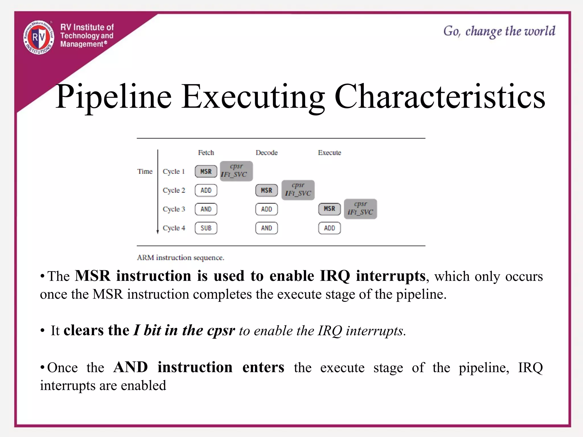 Pipeline Executing Characteristics
•The MSR instruction is used to enable IRQ interrupts, which only occurs
once the MSR instruction completes the execute stage of the pipeline.
• It clears the I bit in the cpsr to enable the IRQ interrupts.
•Once the AND instruction enters the execute stage of the pipeline, IRQ
interrupts are enabled
 