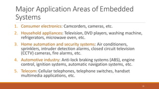 Major Application Areas of Embedded
Systems
19
1. Consumer electronics: Camcorders, cameras, etc.
2. Household appliances: Television, DVD players, washing machine,
refrigerators, microwave oven, etc.
3. Home automation and security systems: Air conditioners,
sprinklers, intruder detection alarms, closed circuit television
(CCTV) cameras, fire alarms, etc.
4. Automotive industry: Anti-lock braking systems (ABS), engine
control, ignition systems, automatic navigation systems, etc.
5. Telecom: Cellular telephones, telephone switches, handset
multimedia applications, etc.
 