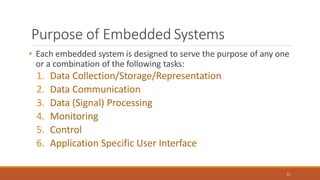 Purpose of Embedded Systems
21
• Each embedded system is designed to serve the purpose of any one
or a combination of the following tasks:
1. Data Collection/Storage/Representation
2. Data Communication
3. Data (Signal) Processing
4. Monitoring
5. Control
6. Application Specific User Interface
 