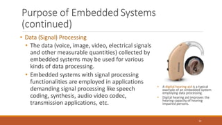 Purpose of Embedded Systems
(continued)
• Data (Signal) Processing
• The data (voice, image, video, electrical signals
and other measurable quantities) collected by
embedded systems may be used for various
kinds of data processing.
• Embedded systems with signal processing
functionalities are employed in applications
demanding signal processing like speech
coding, synthesis, audio video codec,
transmission applications, etc.
• A digital hearing aid is a typical
example of an embedded system
employing data processing.
• Digital hearing aid improves the
hearing capacity of hearing
impaired persons.
24
 