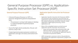 General Purpose Processor (GPP) vs.Application-
Specific Instruction Set Processor(ASIP)
32
General Purpose Processor (GPP)
• A General Purpose Processor or GPP is a
processor designed for general computational
tasks.
• The processor running inside laptop or desktop
is a typical example for general purpose
processor.
• Due to the high volume production, the per unit
cost for a chip is low.
• A typical general purpose processor contains an
Arithmetic and Logic Unit (ALU) and Control Unit
(CU).
Application-Specific Instruction Set Processor
(ASIP)
• Application Specific Instruction Set Processors (ASIPs)
are processors with architecture and instruction set
optimised to specific-domain/application requirements
like network processing, automotive, telecom, media
applications, digital signal processing, control
applications, etc.
• Most of the embedded systems are built around
application specific instruction set processors.
• Some microcontrollers (like automotive AVR, USB
AVR from Atmel), system on chips, digital signal
processors, etc. are examples for application specific
instruction set processors (ASIPs).
• ASIPs incorporate a processor and on-chip peripherals,
demanded by the application requirement, program and
data memory.
 