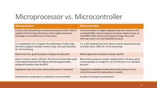 Microprocessor vs. Microcontroller
34
Microprocessor Microcontroller
A silicon chip representing a central processing unit (CPU), which is
capable of performing arithmetic as well as logical operations
according to a pre-defined set of instructions
A microcontroller is a highly integrated chip that contains a CPU,
scratchpad RAM, special and general purpose register arrays, on
chip ROM/ FLASH memory for program storage, timer and
interrupt control units and dedicated I/O ports
It is a dependent unit. It requires the combination of other chips
like timers, program and data memory chips, interrupt controllers,
etc. for functioning
It is a self-contained unit and it doesn't require external interrupt
controller, timer, UART, etc. for its functioning
Most of the time, general purpose in design and operation Mostly application-oriented or domain-specific
Doesn't contain a built in I/O port. The I/O port functionality needs
to be implemented with the help of external programmable
peripheral interface chips like 8255
Most of the processors contain multiple built-in I/O ports which
can be operated as a single 8 or 16 or 32 bit port or as individual
port pins
Targeted for high end market where performance is important Targeted for embedded market where performance is not so
critical (At present this demarcation is invalid)
Limited power saving options compared to microcontrollers Includes lot of power saving features
 
