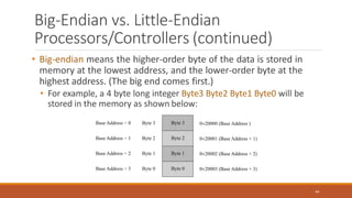 Big-Endian vs. Little-Endian
Processors/Controllers (continued)
• Big-endian means the higher-order byte of the data is stored in
memory at the lowest address, and the lower-order byte at the
highest address. (The big end comes first.)
• For example, a 4 byte long integer Byte3 Byte2 Byte1 Byte0 will be
stored in the memory as shown below:
44
 