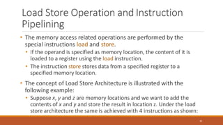 Load Store Operation and Instruction
Pipelining
45
• The memory access related operations are performed by the
special instructions load and store.
• If the operand is specified as memory location, the content of it is
loaded to a register using the load instruction.
• The instruction store stores data from a specified register to a
specified memory location.
• The concept of Load Store Architecture is illustrated with the
following example:
• Suppose x, y and z are memory locations and we want to add the
contents of x and y and store the result in location z. Under the load
store architecture the same is achieved with 4 instructions as shown:
 