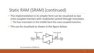 Static RAM (SRAM) (continued)
• This implementation in its simpler form can be visualised as two
cross-coupled inverters with read/write control through transistors.
• The four transistors in the middle form the cross-coupled inverters.
• This can be visualised as shown in the figure below:
Fig: Visualisation of SRAM cell
70
 