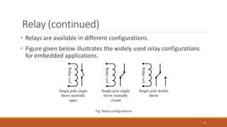 Relay (continued)
• Relays are available in different configurations.
• Figure given below illustrates the widely used relay configurations
for embedded applications.
Fig: Relay configurations
97
 