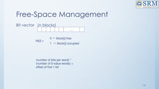 118
Free-Space Management
Bit vector (n blocks)
…
bit[i] =
0  block[i] free
1  block[i] occupied
(number of bits per word) *
(number of 0-value words) +
offset of first 1 bit
 