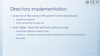 121
Directory Implementation
• Linear list of file names with pointer to the data blocks
– simple to program
– time-consuming to execute
• Hash Table – linear list with hash data structure
– decreases directory search time
– collisions – situations where two file names hash to the same location
– fixed size
 