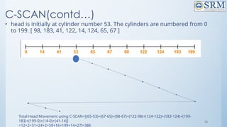 36
C-SCAN(contd…)
• head is initially at cylinder number 53. The cylinders are numbered from 0
to 199. [ 98, 183, 41, 122, 14, 124, 65, 67 ]
Total Head Movement using C-SCAN=[(65-53)+(67-65)+(98-67)+(122-98)+(124-122)+(183-124)+(199-
183)+(199-0)+(14-0)+(41-14)]
=12+2+31+24+2+59+16+199+14+27)=386
 