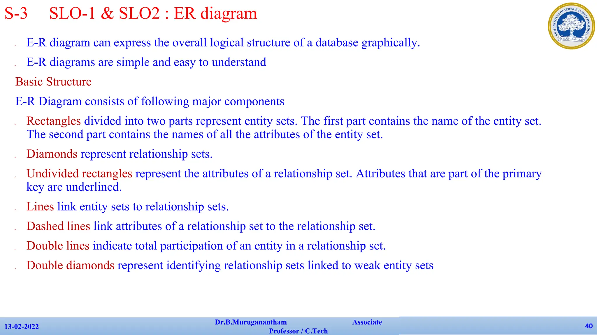 ✔ E-R diagram can express the overall logical structure of a database graphically.
✔ E-R diagrams are simple and easy to understand
Basic Structure
E-R Diagram consists of following major components
✔ Rectangles divided into two parts represent entity sets. The first part contains the name of the entity set.
The second part contains the names of all the attributes of the entity set.
✔ Diamonds represent relationship sets.
✔ Undivided rectangles represent the attributes of a relationship set. Attributes that are part of the primary
key are underlined.
✔ Lines link entity sets to relationship sets.
✔ Dashed lines link attributes of a relationship set to the relationship set.
✔ Double lines indicate total participation of an entity in a relationship set.
✔ Double diamonds represent identifying relationship sets linked to weak entity sets
13-02-2022
Dr.B.Muruganantham Associate
Professor / C.Tech
40
S-3 SLO-1 & SLO2 : ER diagram
 