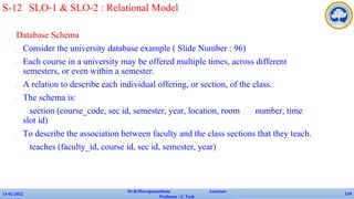 Database Schema
✔ Consider the university database example ( Slide Number : 96)
✔ Each course in a university may be offered multiple times, across different
semesters, or even within a semester.
✔ A relation to describe each individual offering, or section, of the class.
✔ The schema is:
section (course_code, sec id, semester, year, location, room number, time
slot id)
✔ To describe the association between faculty and the class sections that they teach.
teaches (faculty_id, course id, sec id, semester, year)
13-02-2022
Dr.B.Muruganantham Associate
Professor / C.Tech
114
S-12 SLO-1 & SLO-2 : Relational Model
 