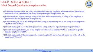 Q7) Display the name, dept. no, salary, and commission of any employee whose salary and commission
matches both the commission and salary of any employee in department 30.
Q8) List ename sal, deptno, average salary of the dept where he/she works, if salary of the employee is
greater than his/her department average salary.
Q9) List ename, job, sal of the employees whose salary is equal to any one of the salary of the employee
‘SCOTT’ and ‘WARD’.
Q10) List ename, job, sal of the employees whose salary and job is equal to the employee ‘FORD’.
Q11) List ename, job, deptno, sal of the employees whose job is same as ‘JONES’ and salary is greater
than the employee ‘FORD’.
Q12) List ename, job of the employees who work in deptno 10 and his/her job is any one of the job in the
department ‘SALES’.
13-02-2022
Dr.B.Muruganantham Associate
Professor / C.Tech
137
S-14-15 SLO-1 & SLO-2 :
Lab 6: Nested Queries on sample exercise
 