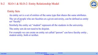 Entity Sets
✔ An entity set is a set of entities of the same type that shares the same attributes.
✔ The set of people who are faculties at a given university, can be defined as entity
set “faculty”
✔ Similarly the entity set “student” represent all the students in the university.
✔ The entity sets do not need to be disjoint.
✔ For example we can create an entity set called “person” can have faculty entity ,
student entity, both or neither.
13-02-2022
Dr.B.Muruganantham Associate
Professor / C.Tech
17
S-2 SLO-1 & SLO-2: Entity Relationship Model
 