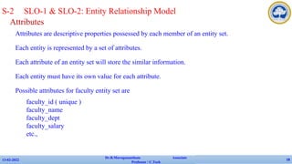 Attributes
✔ Attributes are descriptive properties possessed by each member of an entity set.
✔ Each entity is represented by a set of attributes.
✔ Each attribute of an entity set will store the similar information.
✔ Each entity must have its own value for each attribute.
✔ Possible attributes for faculty entity set are
• faculty_id ( unique )
• faculty_name
• faculty_dept
• faculty_salary
• etc.,
13-02-2022
Dr.B.Muruganantham Associate
Professor / C.Tech
18
S-2 SLO-1 & SLO-2: Entity Relationship Model
 