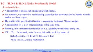 Relationship Sets
✔ A relationship is an association among several entities.
✔ For example , we can define a relationship counselor that associates faculty Nantha with the
student Abhinav ranjan
✔ The realtionship specifies that Nantha is a counselor to student Abhinav ranjan.
✔ A relationship set is a set of relationships of the same type.
✔ Formally, it is a mathematical relation on n ≥ 2 (possibly nondistinct) entity sets.
✔ If E1, E2,..., En are entity sets, then a relationship set R is a subset of
{(e1,e2,...,en) | e1 ∈ E1,e2 ∈ E2,...,en ∈ En}
where (e1,e2,...,en) is a relationship.
13-02-2022
Dr.B.Muruganantham Associate
Professor / C.Tech
22
S-2 SLO-1 & SLO-2: Entity Relationship Model
 