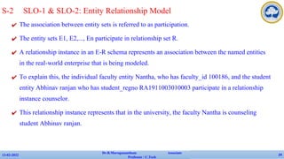 ✔ The association between entity sets is referred to as participation.
✔ The entity sets E1, E2,..., En participate in relationship set R.
✔ A relationship instance in an E-R schema represents an association between the named entities
in the real-world enterprise that is being modeled.
✔ To explain this, the individual faculty entity Nantha, who has faculty_id 100186, and the student
entity Abhinav ranjan who has student_regno RA1911003010003 participate in a relationship
instance counselor.
✔ This relationship instance represents that in the university, the faculty Nantha is counseling
student Abhinav ranjan.
13-02-2022
Dr.B.Muruganantham Associate
Professor / C.Tech
24
S-2 SLO-1 & SLO-2: Entity Relationship Model
 