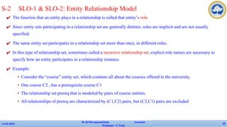 ✔ The function that an entity plays in a relationship is called that entity’s role.
✔ Since entity sets participating in a relationship set are generally distinct, roles are implicit and are not usually
specified.
✔ The same entity set participates in a relationship set more than once, in different roles.
✔ In this type of relationship set, sometimes called a recursive relationship set, explicit role names are necessary to
specify how an entity participates in a relationship instance.
✔ Example:
• Consider the “course” entity set, which contains all about the courses offered in the university.
• One course C2 , has a prerequisite course C1
• The relationship set prereq that is modeled by pairs of course entities.
• All relationships of prereq are characterized by (C1,C2) pairs, but (C2,C1) pairs are excluded
13-02-2022
Dr.B.Muruganantham Associate
Professor / C.Tech
25
S-2 SLO-1 & SLO-2: Entity Relationship Model
 