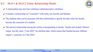 ✔ A relationship may also have attributes called descriptive attributes.
✔ Consider a relationship set “counselor” with entity sets Faculty and Student.
✔ The attribute date can be associate with that relationship to specify the date when the faculty
became the counselor of a student.
✔ The advisor relationship among the entities corresponding to faculty Nantha and student Abhinav
ranjan has the value “3 Jan 2022” for attribute date, which means that Nantha became Abhinav
ranjan’s counselor on 3 Jan 2022.
13-02-2022
Dr.B.Muruganantham Associate
Professor / C.Tech
26
S-2 SLO-1 & SLO-2: Entity Relationship Model
 