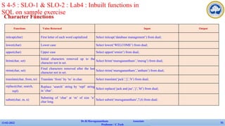 Character Functions
13-02-2022
Dr.B.Muruganantham Associate
Professor / C.Tech
51
S 4-5 : SLO-1 & SLO-2 : Lab4 : Inbuilt functions in
SQL on sample exercise
Functions Value Returned Input Output
initcap(char) First letter of each word capitalized Select initcap(‘database management’) from dual;
lower(char) Lower case Select lower(‘WELCOME’) from dual;
upper(char) Upper case Select upper(‘srmist’) from dual;
ltrim(char, set)
Initial characters removed up to the
character not in set.
Select ltrim(‘muruganantham’,’murug’) from dual;
rtrim(char, set)
Final characters removed after the last
character not in set.
Select rtrim(‘muruganantham’,’antham’) from dual;
translate(char, from, to) Translate ‘from’ by ‘to’ in char. Select translate(‘jack’,’j’,’b’) from dual;
replace(char, search,
repl)
Replace ‘search’ string by ‘repl’ string
in ‘char’.
Select replace(‘jack and jue’,’j’,’bl’) from dual;
substr(char, m, n)
Substring of ‘char’ at ‘m’ of size ‘n’
char long.
Select substr(‘muruganantham’,7,6) from dual;
 