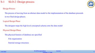 Design Process
✔ The process of moving from an abstract data model to the implementation of the database proceeds
in two final design phases.
Logical Design Phase
✔ The designer maps the high level conceptual schema onto the data model
Physical Design Phase
✔ The physical features of database are specified
• File organization
• Internal storage structures
13-02-2022
Dr.B.Muruganantham Associate
Professor / C.Tech
6
S-1 SLO-2 :Design process
 