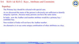 Superkey
✔ The Primary key should be selected with special care.
✔ As we discussed the name of the person is obviously not sufficient to identify
uniquely a person , because many persons can have the same name.
✔ In India , now the Aadhar card number attribute would be a primary key /
candidate key.
✔ Non resident of India will not have the Aadhar number .
✔ An alternative is to use some unique combination of other attributes as a key.
13-02-2022
Dr.B.Muruganantham Associate
Professor / C.Tech
61
S-6 SLO-1 & SLO-2 : Keys , Attributes and Constraints
 