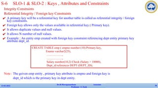 Integrity Constraints
Referential Integrity / Foreign key Constraints
✔ A primary key will be a referential key for another table is called as referential integrity / foreign
key constraints.
✔ Foreign key allows only the values available in referential key ( Primary key).
✔ It allows duplicate values and null values.
✔ It allows N number of null values.
✔ Example : An entity emp created with foreign key constraint referencing dept entity primary key
attribute dept_id.
Note : The geiven emp entity , primary key attribute is empno and foreign key is
dept_id which is the primary key in dept entity.
13-02-2022
Dr.B.Muruganantham Associate
Professor / C.Tech
76
S-6 SLO-1 & SLO-2 : Keys , Attributes and Constraints
CREATE TABLE emp ( empno number (10) Primary key,
Ename varchar2(25),
…………….,
…………….,
Salary number(10,2) Check (Salary > 10000),
Dept_id references DEPT (DEPT_ID);
 