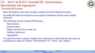 Extended ER Features
✔ Basic ER Model is more than enough to model most of the Database Features.
✔ Extended ER model developed for some aspects of Database features more suitably
expressed
✔ The followings are the Extended ER Features
• Specialization
• Generalization
• Higher and lower level entity sets
• Attribute inheritance
• Aggregation
✔ To explain the above concepts, slightly more elaborate the schema for the university, by
considering an entity set “person” with attributes “id”, “name”, and “address”
13-02-2022
Dr.B.Muruganantham Associate
Professor / C.Tech
79
S-8 SLO-1 & SLO-2 : Extended ER - Generalization,
Specialization and Aggregation
 