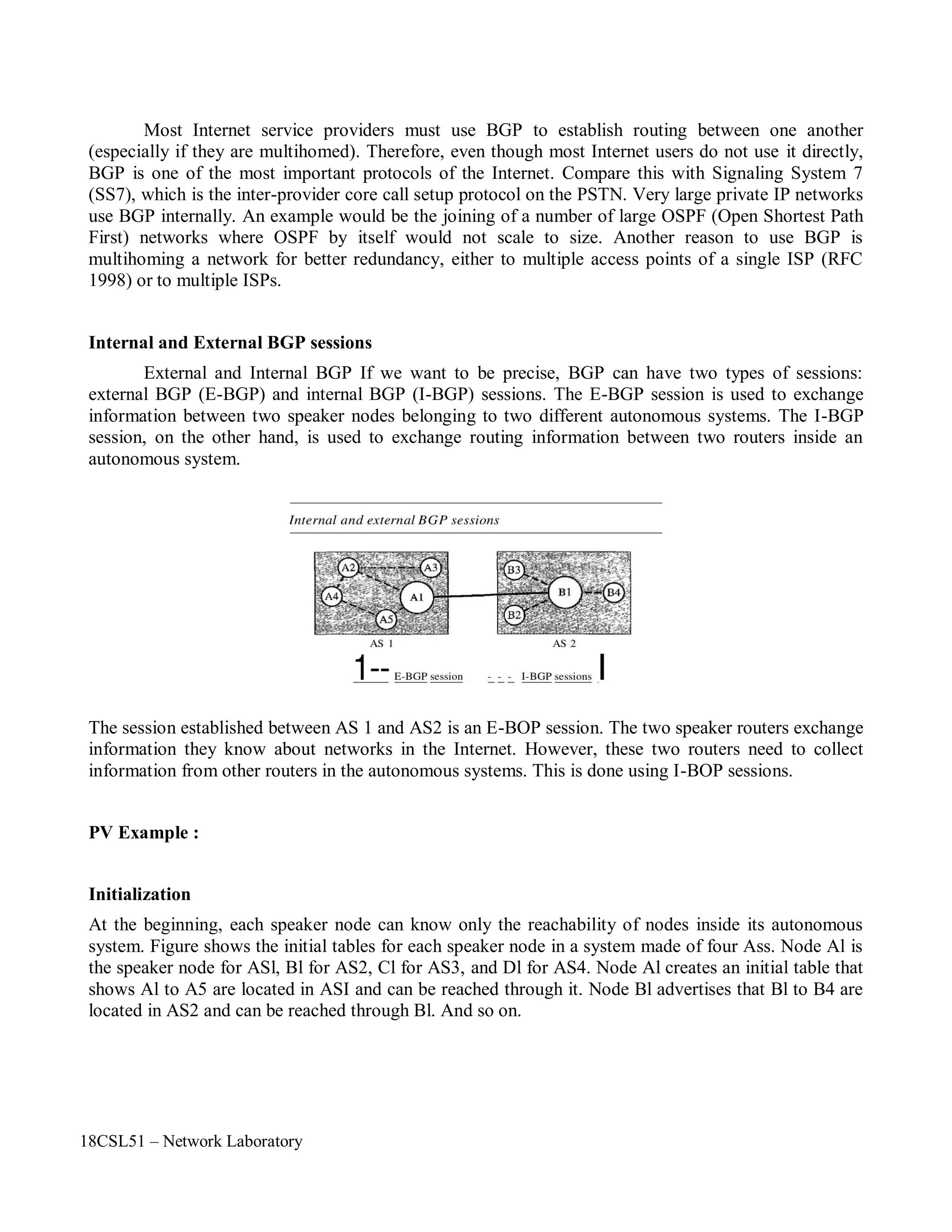 18CSL51 – Network Laboratory
Most Internet service providers must use BGP to establish routing between one another
(especially if they are multihomed). Therefore, even though most Internet users do not use it directly,
BGP is one of the most important protocols of the Internet. Compare this with Signaling System 7
(SS7), which is the inter-provider core call setup protocol on the PSTN. Very large private IP networks
use BGP internally. An example would be the joining of a number of large OSPF (Open Shortest Path
First) networks where OSPF by itself would not scale to size. Another reason to use BGP is
multihoming a network for better redundancy, either to multiple access points of a single ISP (RFC
1998) or to multiple ISPs.
Internal and External BGP sessions
External and Internal BGP If we want to be precise, BGP can have two types of sessions:
external BGP (E-BGP) and internal BGP (I-BGP) sessions. The E-BGP session is used to exchange
information between two speaker nodes belonging to two different autonomous systems. The I-BGP
session, on the other hand, is used to exchange routing information between two routers inside an
autonomous system.
The session established between AS 1 and AS2 is an E-BOP session. The two speaker routers exchange
information they know about networks in the Internet. However, these two routers need to collect
information from other routers in the autonomous systems. This is done using I-BOP sessions.
PV Example :
Initialization
At the beginning, each speaker node can know only the reachability of nodes inside its autonomous
system. Figure shows the initial tables for each speaker node in a system made of four Ass. Node Al is
the speaker node for ASl, Bl for AS2, Cl for AS3, and Dl for AS4. Node Al creates an initial table that
shows Al to A5 are located in ASI and can be reached through it. Node Bl advertises that Bl to B4 are
located in AS2 and can be reached through Bl. And so on.
 