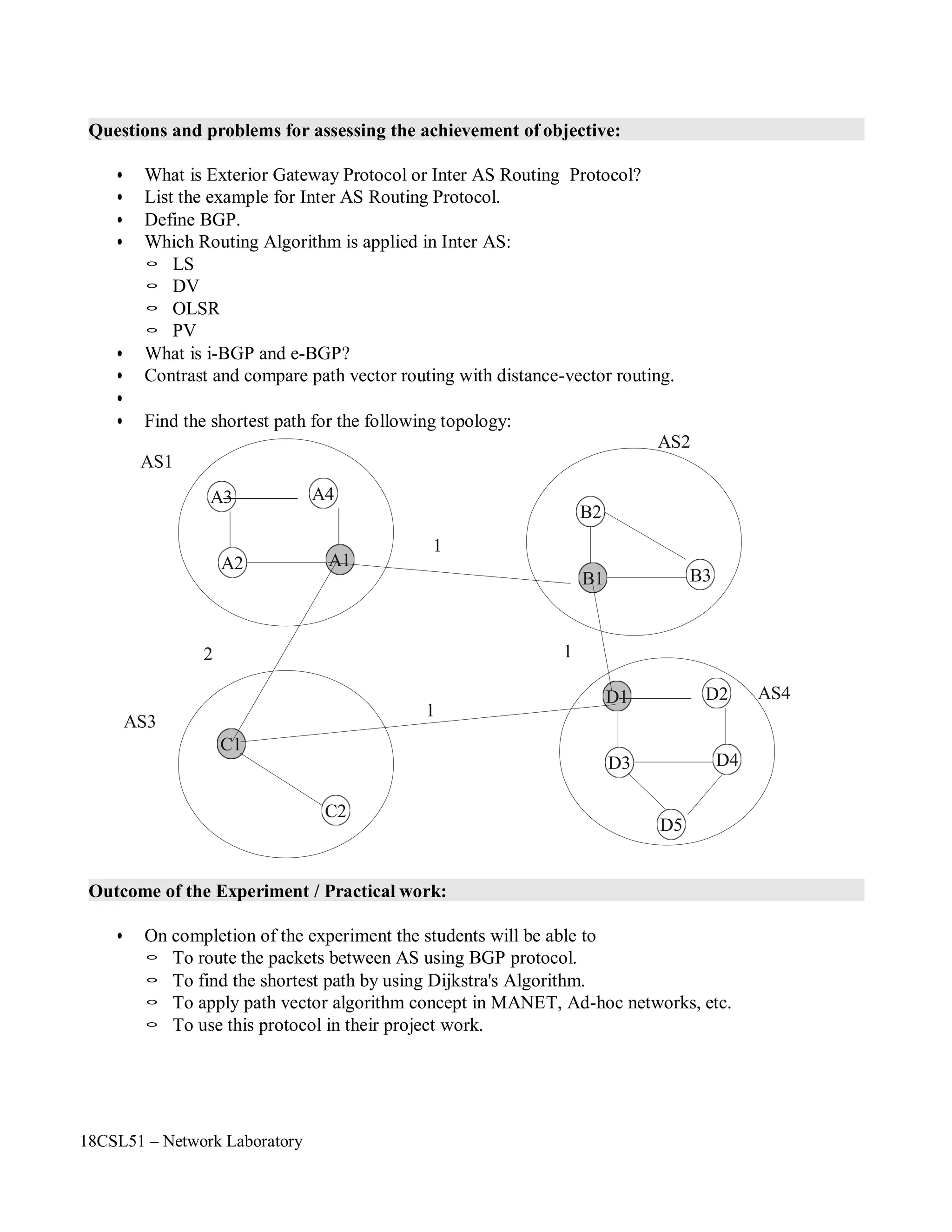 18CSL51 – Network Laboratory
AS2
A3 A4
B2
A2 A1
1
B1 B3
2 1
1
D1 D2 AS4
C1
D3 D4
C2
D5
Questions and problems for assessing the achievement of objective:
• What is Exterior Gateway Protocol or Inter AS Routing Protocol?
• List the example for Inter AS Routing Protocol.
• Define BGP.
• Which Routing Algorithm is applied in Inter AS:
◦ LS
◦ DV
◦ OLSR
◦ PV
• What is i-BGP and e-BGP?
• Contrast and compare path vector routing with distance-vector routing.
•
• Find the shortest path for the following topology:
AS1
AS3
Outcome of the Experiment / Practical work:
• On completion of the experiment the students will be able to
◦ To route the packets between AS using BGP protocol.
◦ To find the shortest path by using Dijkstra's Algorithm.
◦ To apply path vector algorithm concept in MANET, Ad-hoc networks, etc.
◦ To use this protocol in their project work.
 