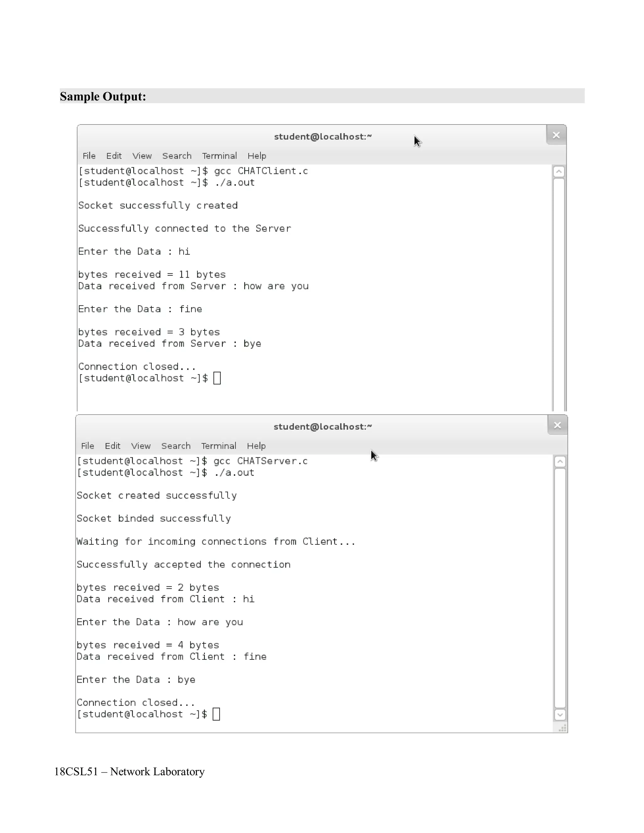 18CSL51 – Network Laboratory
Sample Output:
 
