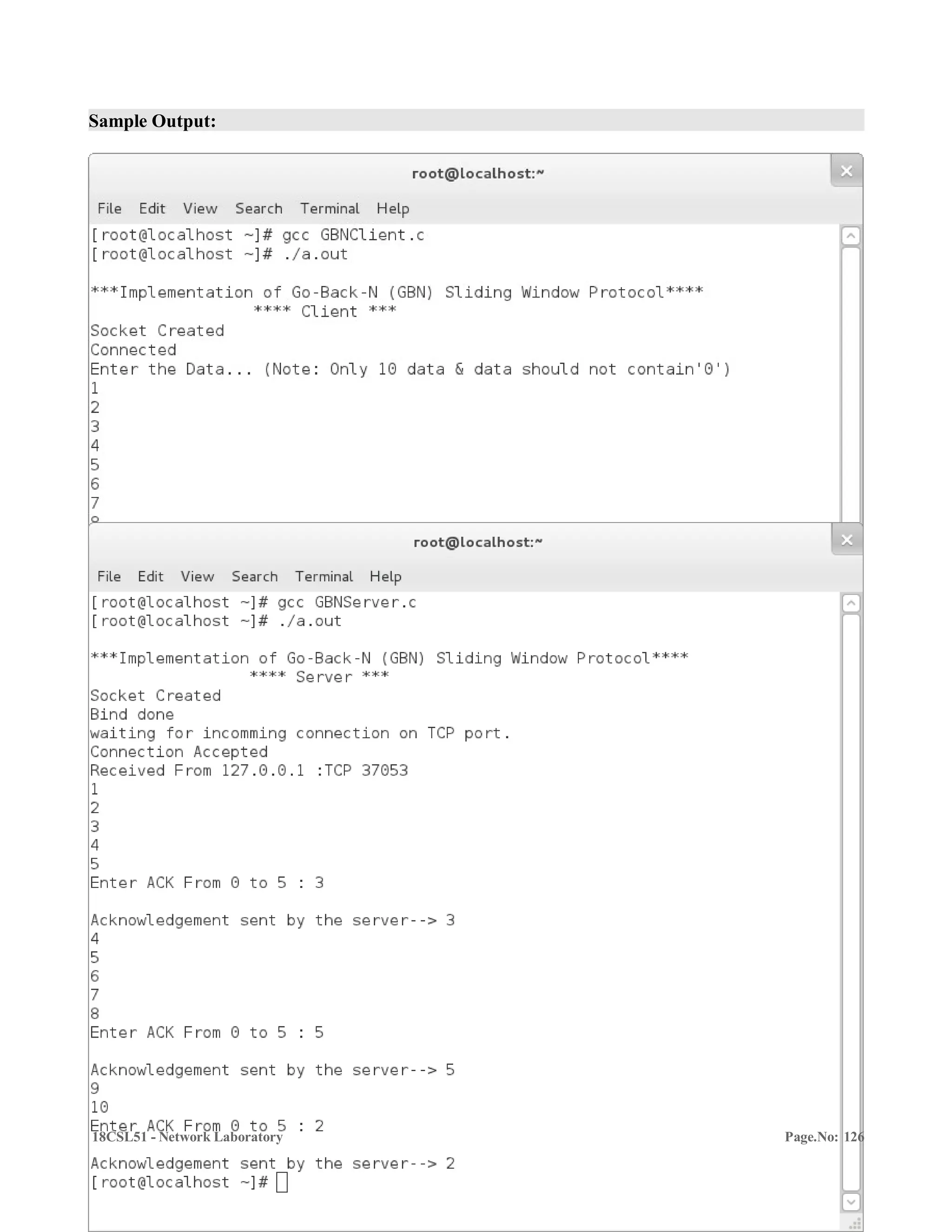 Sample Output:
18CSL51 - Network Laboratory Page.No: 126
 