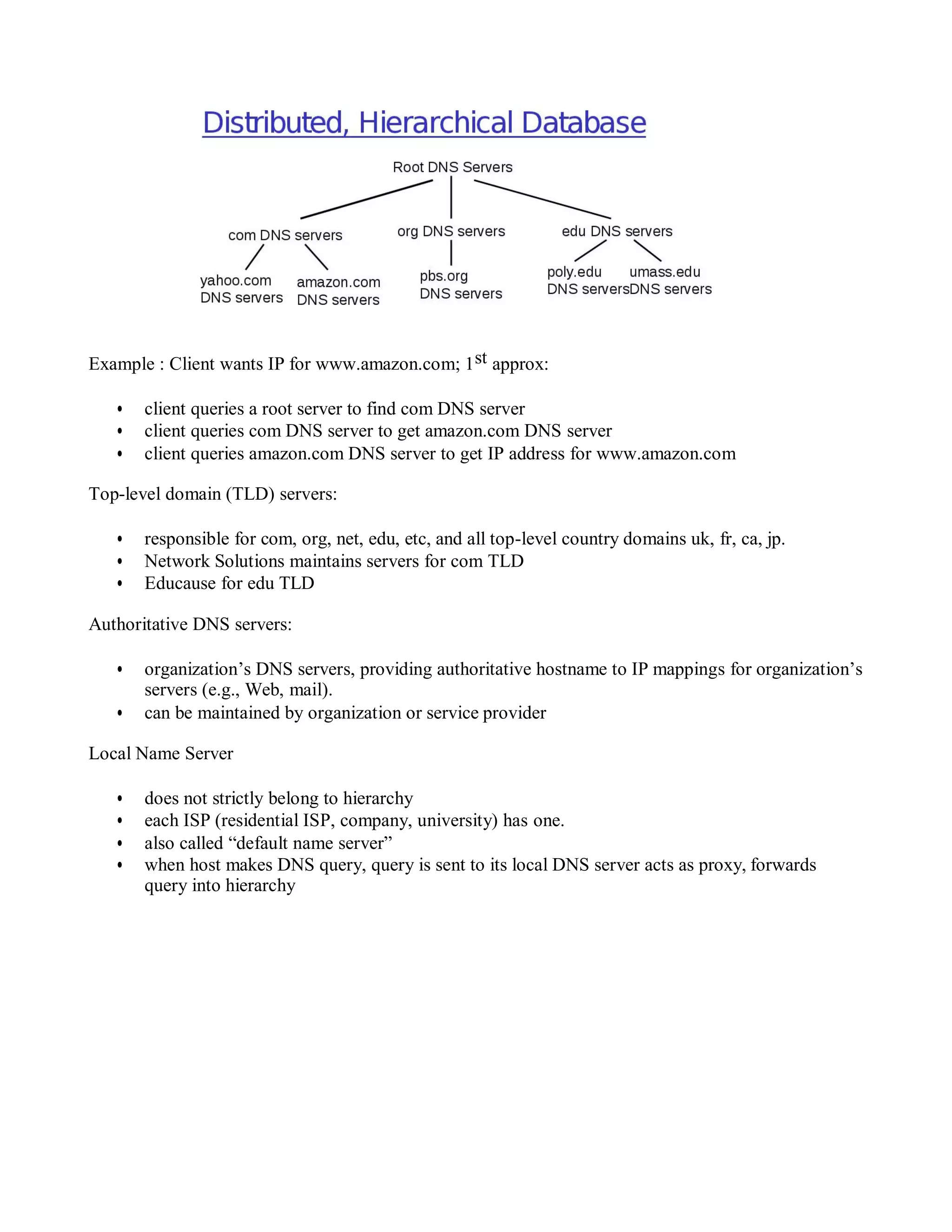 Example : Client wants IP for www.amazon.com; 1st approx:
• client queries a root server to find com DNS server
• client queries com DNS server to get amazon.com DNS server
• client queries amazon.com DNS server to get IP address for www.amazon.com
Top-level domain (TLD) servers:
• responsible for com, org, net, edu, etc, and all top-level country domains uk, fr, ca, jp.
• Network Solutions maintains servers for com TLD
• Educause for edu TLD
Authoritative DNS servers:
• organization’s DNS servers, providing authoritative hostname to IP mappings for organization’s
servers (e.g., Web, mail).
• can be maintained by organization or service provider
Local Name Server
• does not strictly belong to hierarchy
• each ISP (residential ISP, company, university) has one.
• also called “default name server”
• when host makes DNS query, query is sent to its local DNS server acts as proxy, forwards
query into hierarchy
 