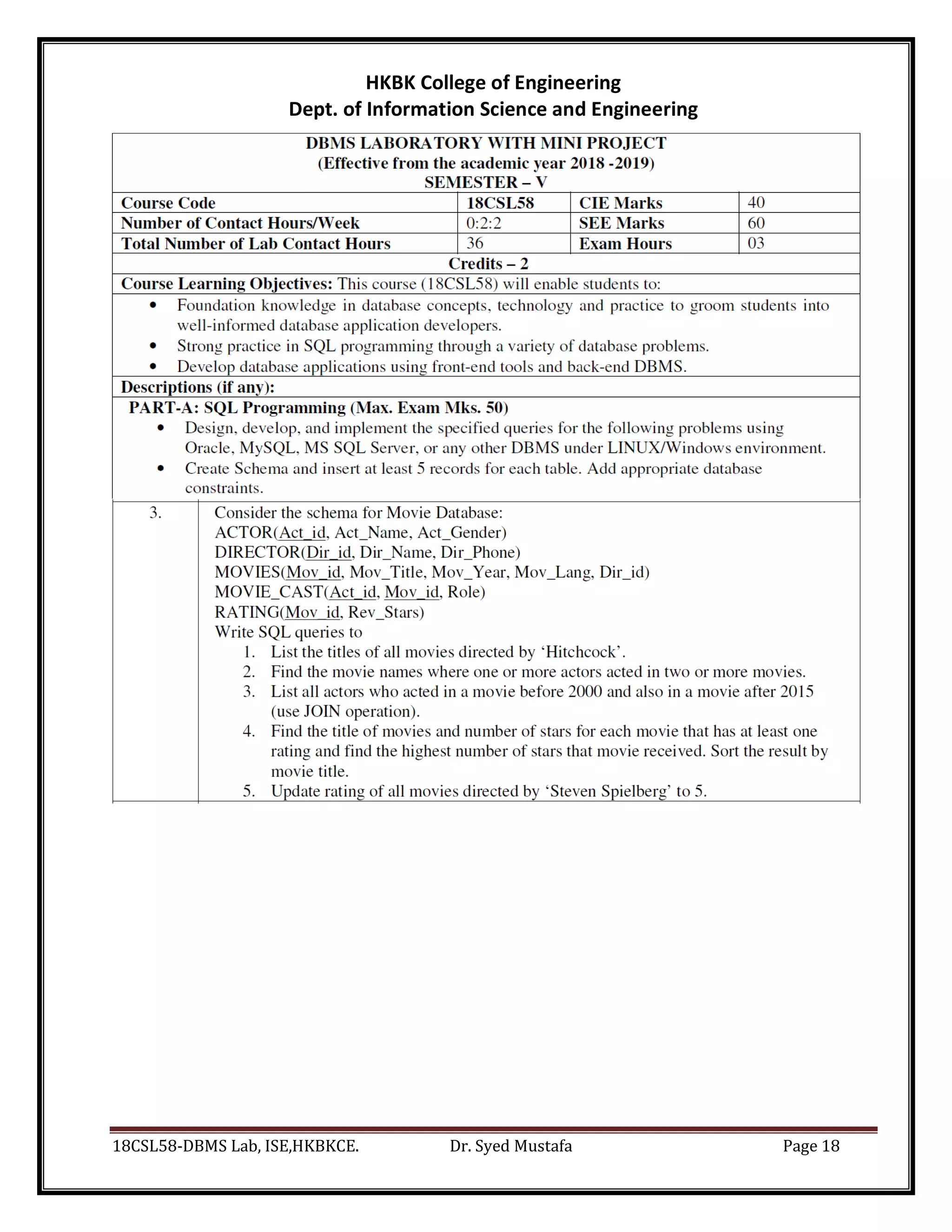 18CSL58-DBMS Lab, ISE,HKBKCE. Dr. Syed Mustafa Page 18
HKBK College of Engineering
Dept. of Information Science and Engineering
 
