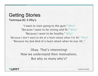 Technique #2: 5 Why’s
Getting Stories
Customer Interviews
“I want to start going to the gym.” Why?
“Because I want to be strong and ﬁt.” Why?
“Because I want to be healthy.” Why?
“Because I don’t want to die of a heart attack when I’m 40.” Why?
“Because my dad died of a heart attack when he was 40..”

Okay. That’s interesting! 
Now we understand their motivations. 
But why so many why’s? 

 
