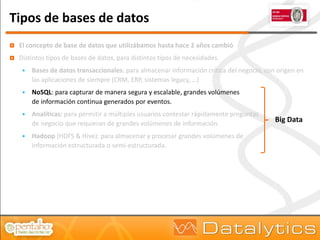 Tipos de bases de datos
   El concepto de base de datos que utilizábamos hasta hace 2 años cambió
   Distintos tipos de bases de datos, para distintos tipos de necesidades.
        Bases de datos transaccionales: para almacenar información crítica del negocio, con origen en
         las aplicaciones de siempre (CRM, ERP, sistemas legacy, …)
        NoSQL: para capturar de manera segura y escalable, grandes volúmenes
         de información continua generados por eventos.
        Analíticas: para permitir a múltiples usuarios contestar rápidamente preguntas
         de negocio que requieran de grandes volúmenes de información.
                                                                                            Big Data

        Hadoop (HDFS & Hive): para almacenar y procesar grandes volúmenes de
         información estructurada o semi-estructurada.
 