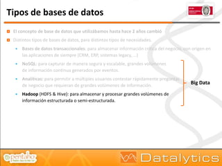Tipos de bases de datos
   El concepto de base de datos que utilizábamos hasta hace 2 años cambió
   Distintos tipos de bases de datos, para distintos tipos de necesidades.
        Bases de datos transaccionales: para almacenar información crítica del negocio, con origen en
         las aplicaciones de siempre (CRM, ERP, sistemas legacy, …)
        NoSQL: para capturar de manera segura y escalable, grandes volúmenes
         de información continua generados por eventos.
        Analíticas: para permitir a múltiples usuarios contestar rápidamente preguntas
         de negocio que requieran de grandes volúmenes de información.
                                                                                            Big Data

        Hadoop (HDFS & Hive): para almacenar y procesar grandes volúmenes de
         información estructurada o semi-estructurada.
 