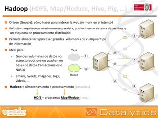 Hadoop (HDFS, Map/Reduce, Hive, Pig, …)
   Origen (Google): cómo hacer para indexar la web sin morir en el intento?
   Solución: arquitectura masivamente paralela, que incluye un sistema de archivos y
     un esquema de procesamiento distribuido.
   Permite almacenar y procesar grandes volúmenes de cualquier tipo
    de información
   Ideal para:
        Grandes volumenes de datos no
         estructurados que no cuadran en
         bases de datos transaccionales o
         NoSQL
        Emails, tweets, imágenes, logs,
         videos, …
   Hadoop = Almacenamiento + procesamiento (consultas)


                     HDFS + programas Map/Reduce (Java)
 