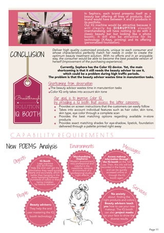 In Sephora, each brand presents itself as a
beauty bar offering all lines of products. Each
brand would have between X and X products in
its portfolio. 
Our IQ machine would be attractive because it
w i l l c l e a r l y b e D I S R U P T I V E v i s u a l l y
(merchandising will have nothing to do with a
classic beauty bar but looking like a photo
booth). It will also be attractive for its
technology (X-Rays, printing) and its offering
(personalized foundation).
Deliver high quality customized products, unique to each consumer and
whose characteristics perfectly match her needs in order to create the
optimum beauty treatment solution. With no efforts and in an enjoyable
way, the consumer would be able to become the best possible version of
herself (improvement of the purchasing experience).
Currently, Sephora has the Color IQ device. Yet, the main  
shortcoming is that it still needs the beauty adviser to use it,  
which could be a problem during high trafﬁc periods.  
The problem is that the beauty advisor wastes time in manutention tasks.
Shortcoming from observation:
๏The beauty advisor wastes time in manutention tasks
๏Color IQ only takes into account skin tone
Our goal, is to improve Color IQ  
by providing a IQ booth that assess the latter concerns.:
๏ Provides on screen instructions that the customers can easily follow
๏ Takes into account individual features such as hair color, skin tone,
skin type, eye color through a complete scan
๏ Provides the best matching options regarding available in-store
products
๏ Provides exact matching shades for eye-shadow, lipstick, foundation
delivered through a palette printed right away
IQ BOOTH
Objects
Beauty advisers:  
They help the end
user mastering the IQ
booth technology
People
IQ Booth  
Laser machine  
and 3D Printer:  
Help the end user get the
information they need quickly,
clearly and accurately, which is
better than hanging in the
store hesitating between
hundreds of colors or than
being mistaken  
by beauty advisers
Merchandising
(Sephora): 
Modern environment,
very professional and
colorful in the
meantime, reminds
environment of a
professional studio.
Light effects
Environments
Access makeup
information through  
the IQ booth on the 1st
use. Then, this info will be
recorded in the loyalty card
and can be quickly
accessed online or  
through the IQ  
booth again
No anxiety  
about finding the  
right products and colors.
Beauty advisors teach
you how to use your new
makeup. The IQ booth
can also project masks
on your face to show the
diverse results 
Services
New POEMS Analysis Messages
CONCLUSION
C A P A B I L I T Y R E Q U I R E M E N T S
Page 11
 